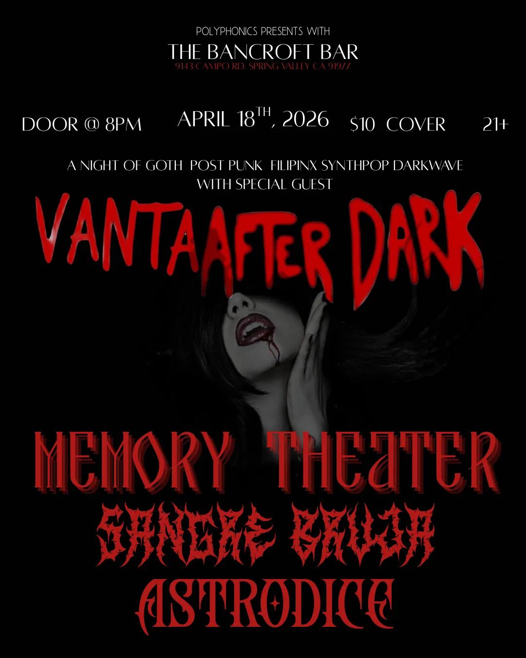 Astrodice / Memory Theatre / Sangre Bruja / Vanta After Dark flyer